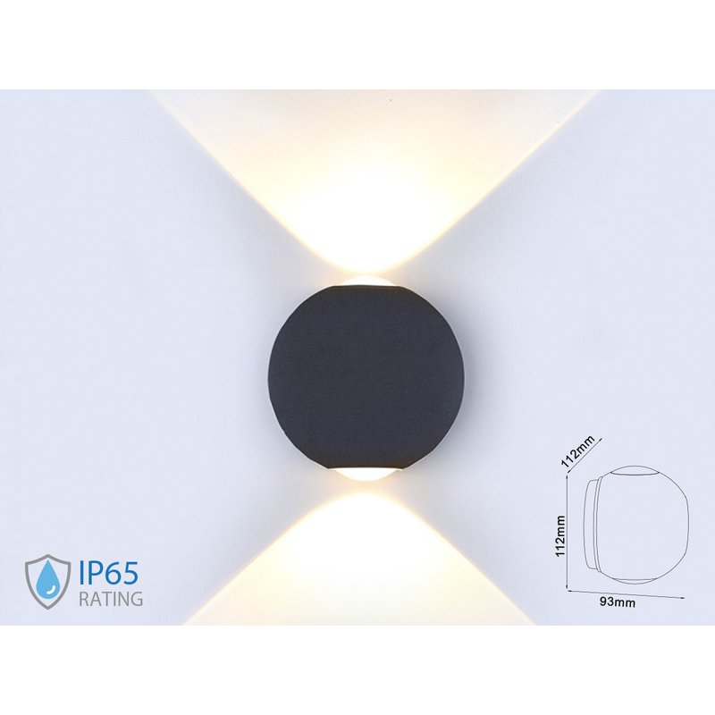 Applique Lampada LED da Muro Palla Sferica 6W 3000K Carcassa Nera Doppio Fascio Luminoso IP65 SKU-8303