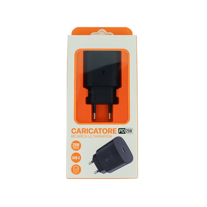 Caricatore USB C 25W Nero Caricabatterie PD Ricarica Ultra Rapida 5V 3A 9V 2,77A