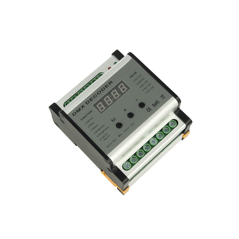 Centralina DMX Decoder Con Rail Guida DIN 4 Canali 12V 24V 5AX4 DMX701