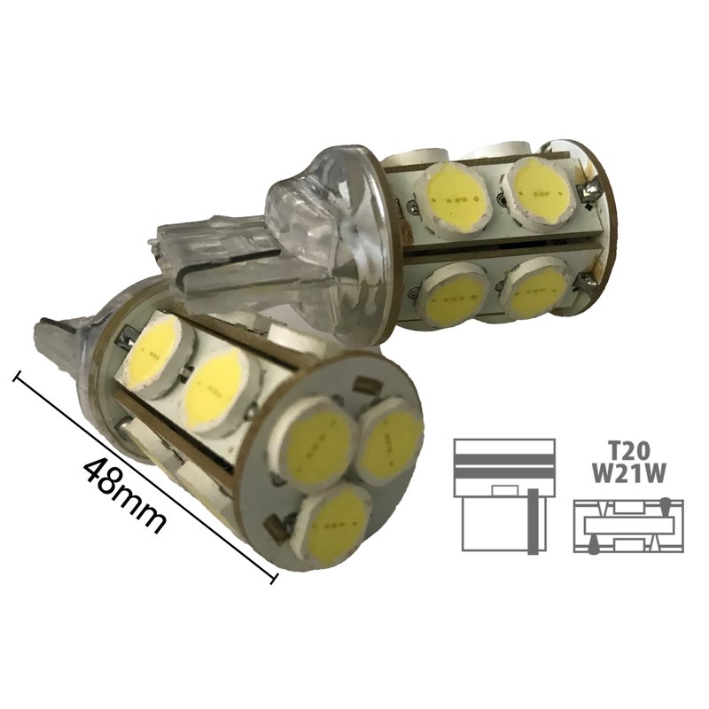 Coppia 2 Lampade Led T20 7440 W21W Con 13 Smd 9080 Bianco Freddo 6000K 12V 6W