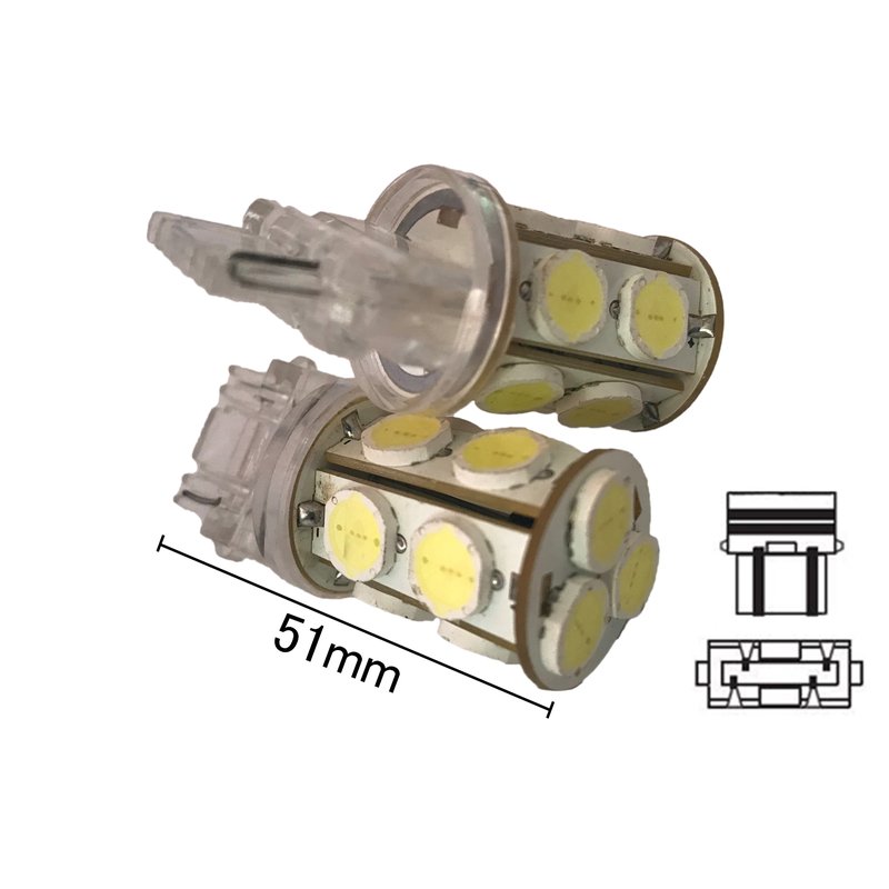 Coppia 2 Lampade Led T25 3157 P27/7W Con 13 Smd 9080 Bianco Freddo 6000K 12V 6W