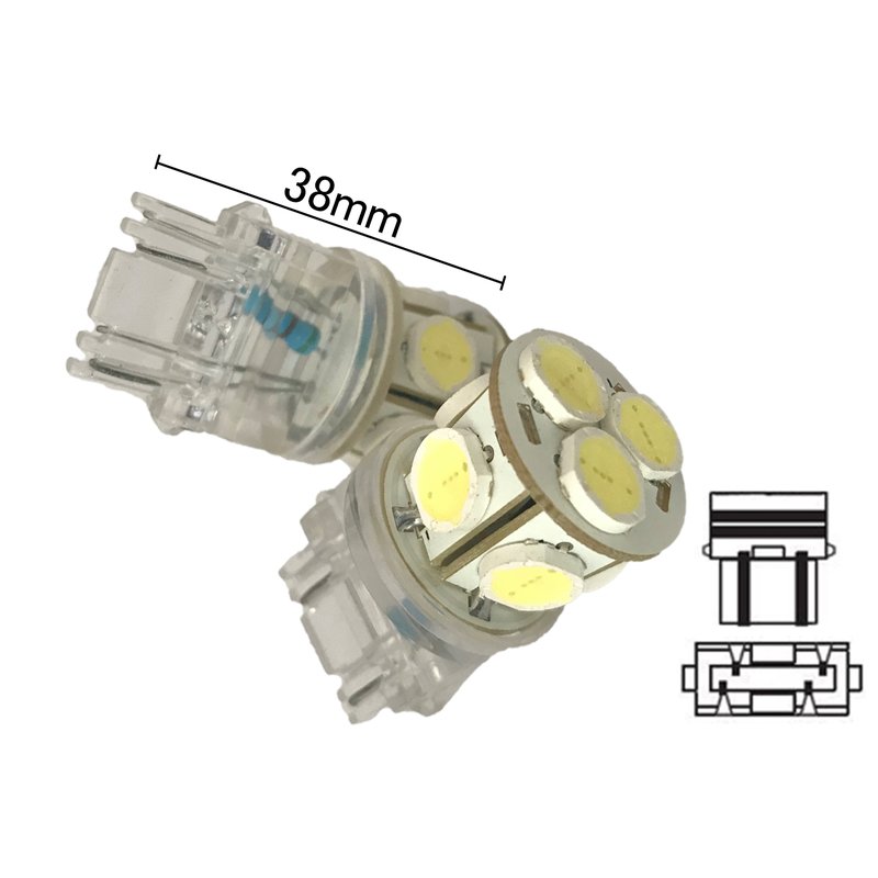 Coppia 2 Lampade Led T25 P27/7W 3157 Con 8 Smd 9080 Bianco Freddo 6000K 12V 4W