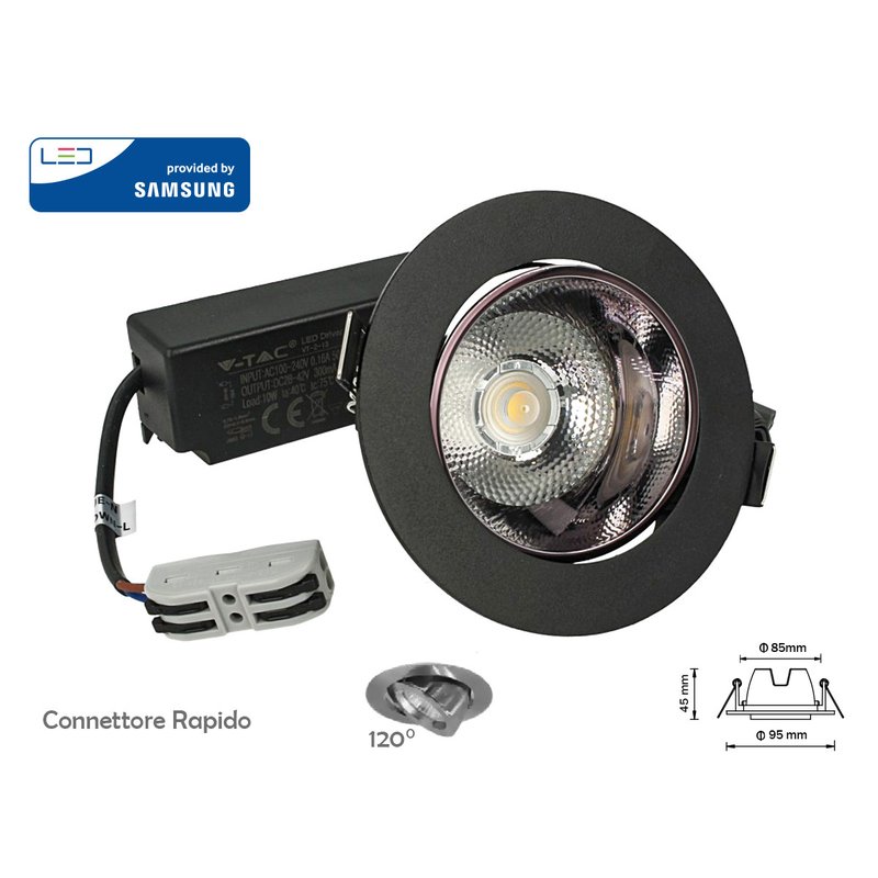 Faretto Led COB da Incasso 10W 6400K Rotondo Riflettore Orientabile Carcassa Nera Chip Samsung SKU-2120053