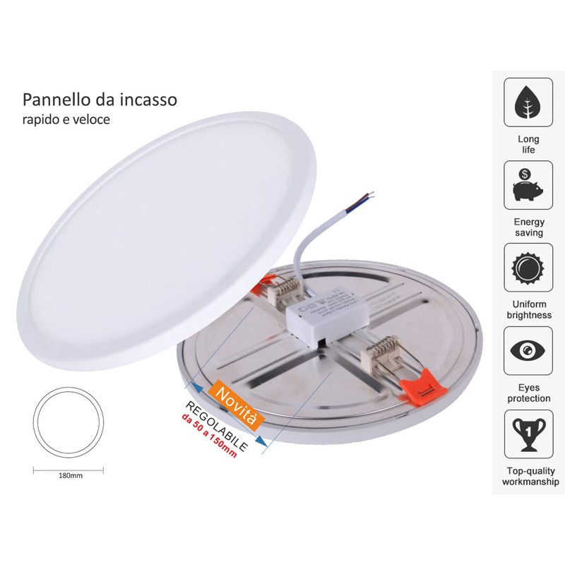 Faretto Pannello Led Da Incasso Rotondo 15W Bianco Caldo 2700K Diametro 180mm Foro Adattabile Da 50mm a 150mm