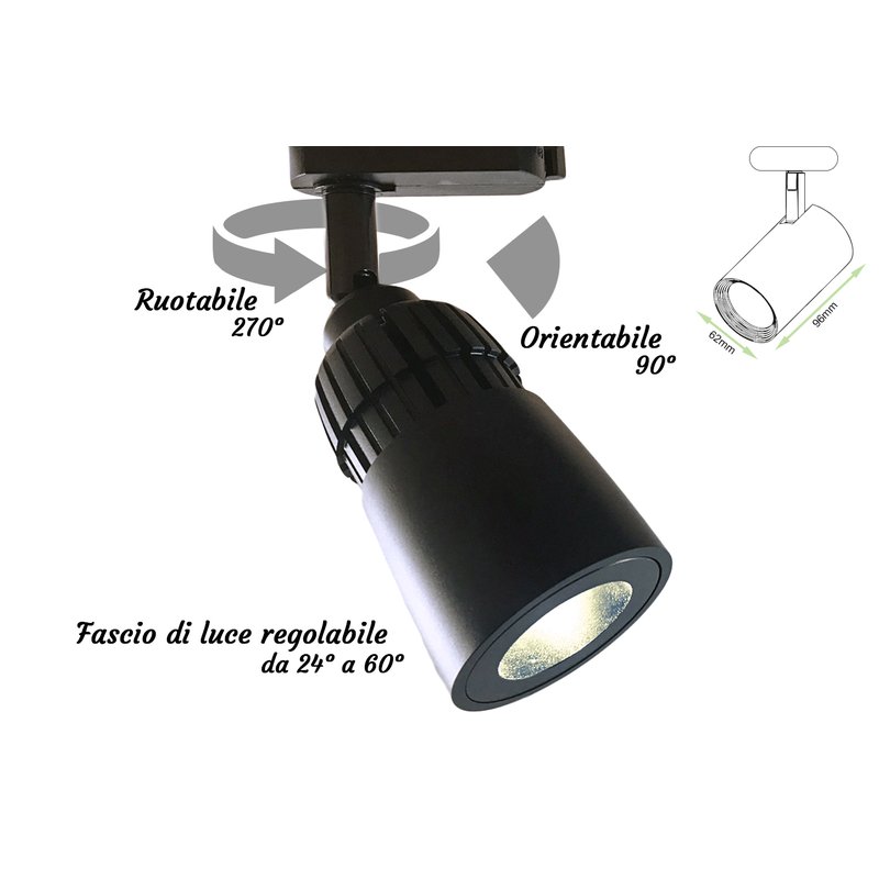 Faro Lampada Led A Binario 10W Bianco Caldo 2700K Angolo Luce Regolabile Da 24 a 60 Gradi Corpo Carcassa Nero