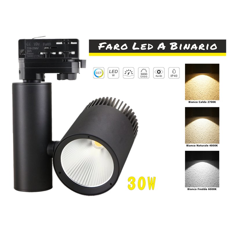 Faro Lampada Led A Binario 30W Trifase CCT CRI 90 Carcassa Nera 2700K 4000K 6000K 3 In 1 Luce Stretta 24 Gradi