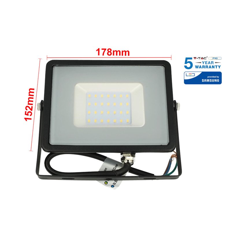 Faro Led Flood Light 30W IP65 Bianco Freddo Super Slim Carcassa Nera Smd Samsung Garanzia 5 Anni SKU-402