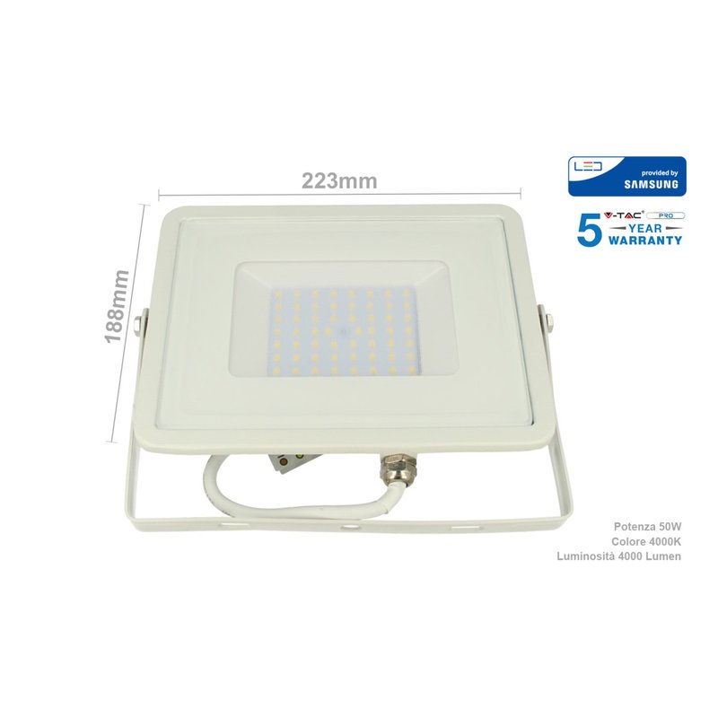 Faro Led Flood Light 50W IP65 Bianco Freddo Super Slim 28mm Carcassa Bianca Samsung Garanzia 5 Anni SKU-411