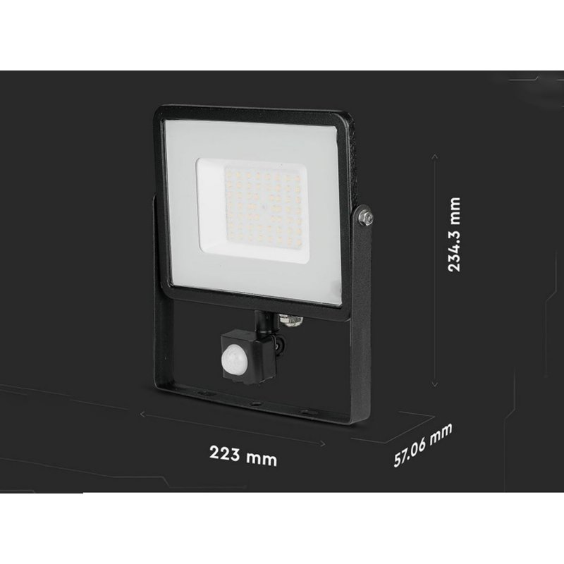 Faro Led Flood Light Slim 50W IP65 Neutro 4000K Carcassa Nera con Sensore PIR di Movimento e Crepuscolare Chip Samsung SKU-470