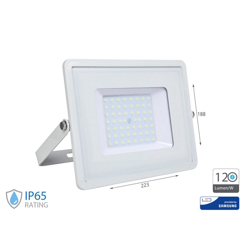 Faro Led Flood Slim Alta Luminosita 120lm/W 50W 6000lm Freddo 6400K Carcassa Bianca IP65 Chip Samsung SKU-21763