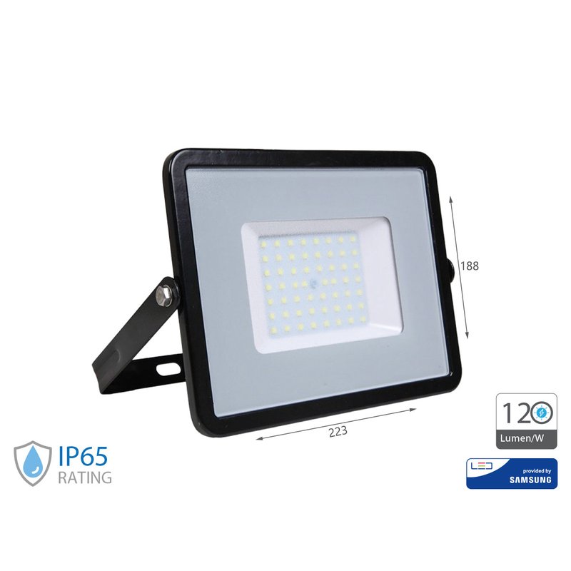 Faro Led Flood Slim Alta Luminosita 120lm/W 50W 6000lm Freddo 6400K Carcassa Nera IP65 Chip Samsung SKU-21761