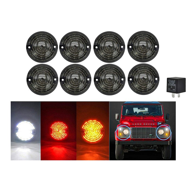 Kit 8 Fanali Led Anteriore Posteriori Laterali Lente Nero Fume Per Land Rover Defender 1983-2016 Compreso Relay CF14