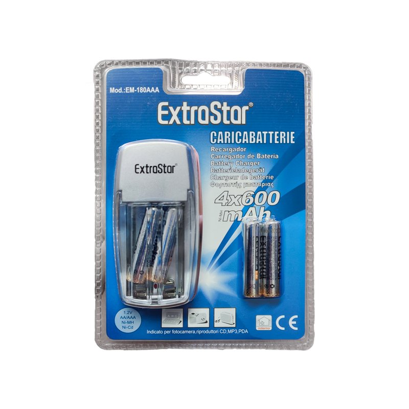 Kit Caricabatterie Caricatore Con 4 Pile Mini Stilo AAA Ricaricabile Ni-Cd Ni-MH 600mAh Presa EU Da Rete Casa 220V