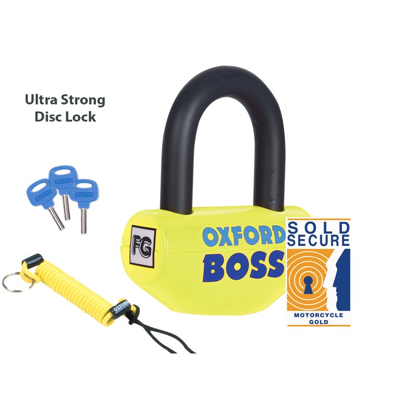 Lucchetto Oxford Boss Da Disco Giallo Serratura Rinforzata a Doppio Blocco Gancio Diametro 12,7mm Antifurto Bloccadisco