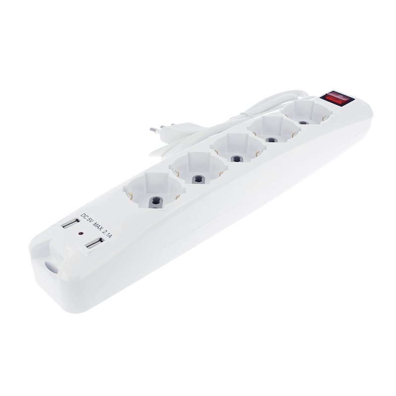 Multipresa Ciabatta Elettrica Spina Con 2 USB 2,1A Cavo 1,5 Metri 5 Posti 2P+T 10/16A Bipasso Schuko Con Interruttore SKU-8715