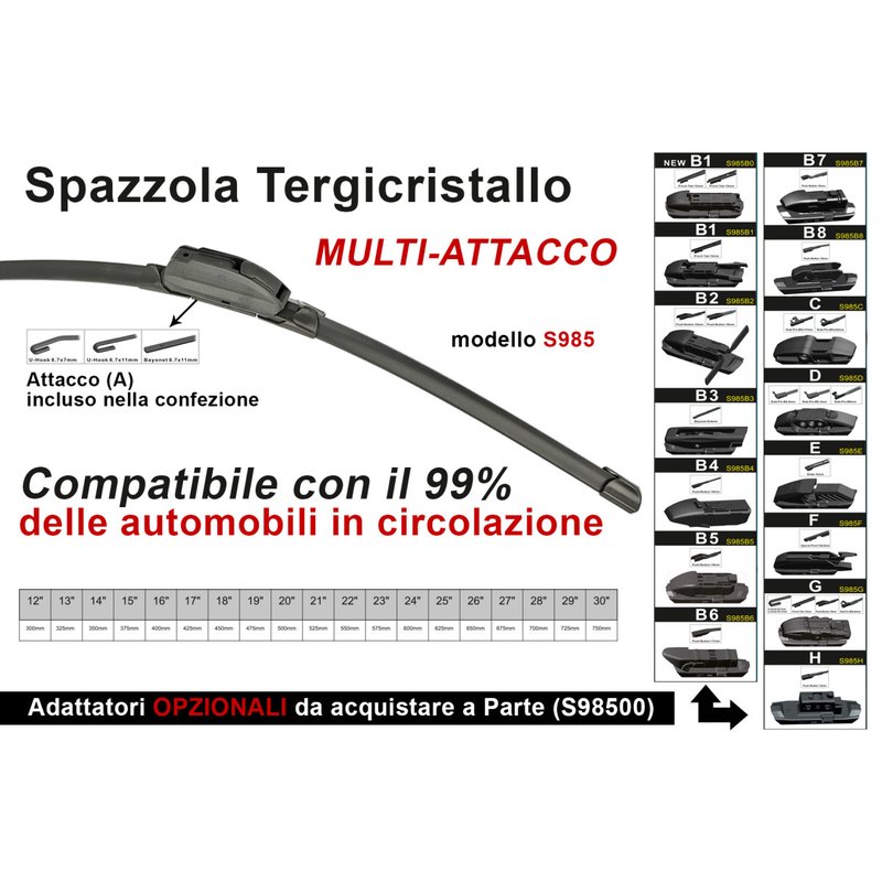 Spazzola Tergicristallo Auto Universale S985 14'' 350mm Carall 16 Attacchi Opzionale