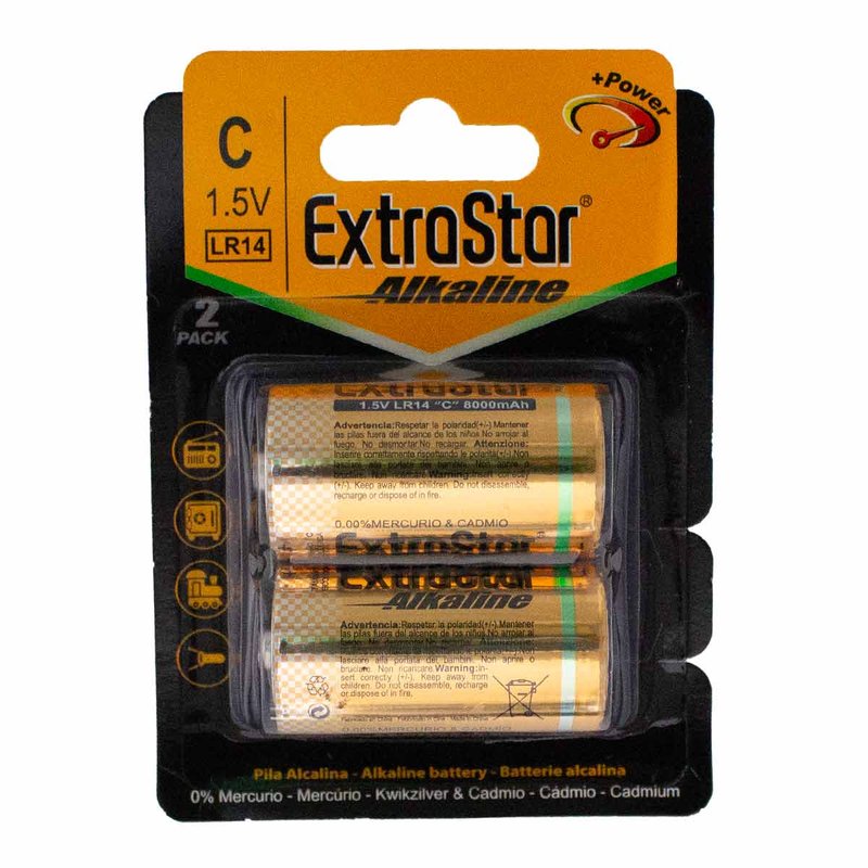 Pila Batteria LR14 Torcia C MN1400 1,5V 8000mAh Alcalina Extrastar Confezione da 2 Pezzi