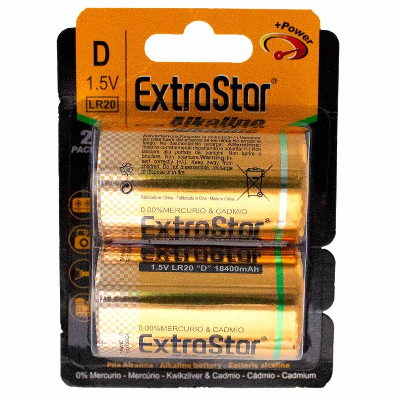 Pila Batteria LR20 Torcia D MN1300 1,5V 18400mAh Alcalina Extrastar Confezione da 2 Pezzi