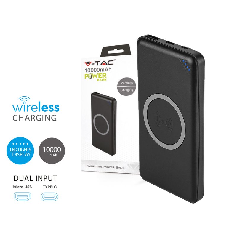 Portable Power Bank 10000 mAh Slim con Ricarica Wireless e USB Colore Nero SKU-8909