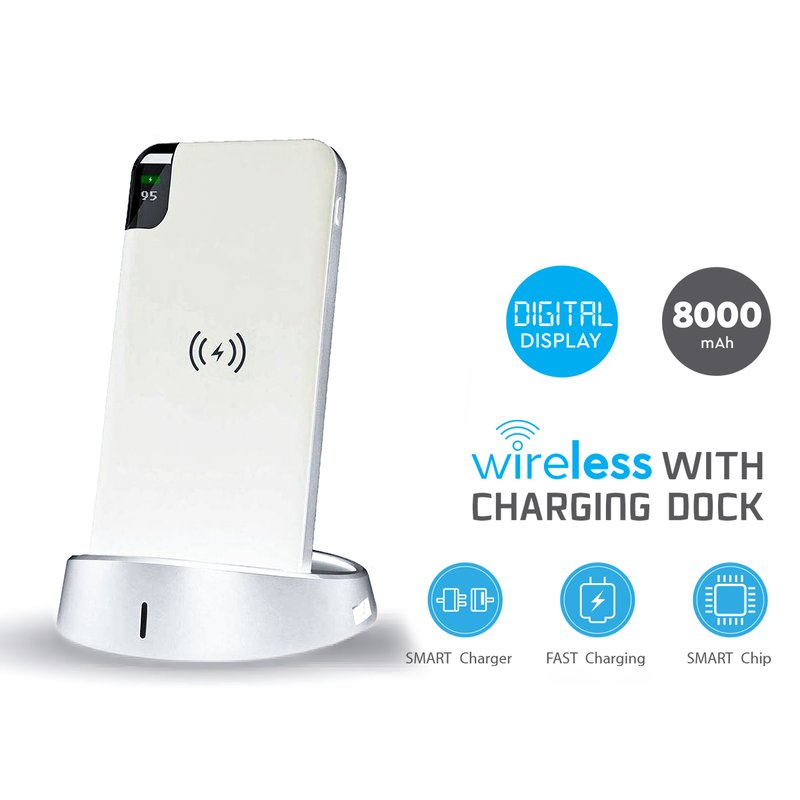 Portable Power Bank 8000 mAh con Display e Supporto Di Ricarica a Poggio Da Tavolo Wireless Colore Bianco SKU-8861