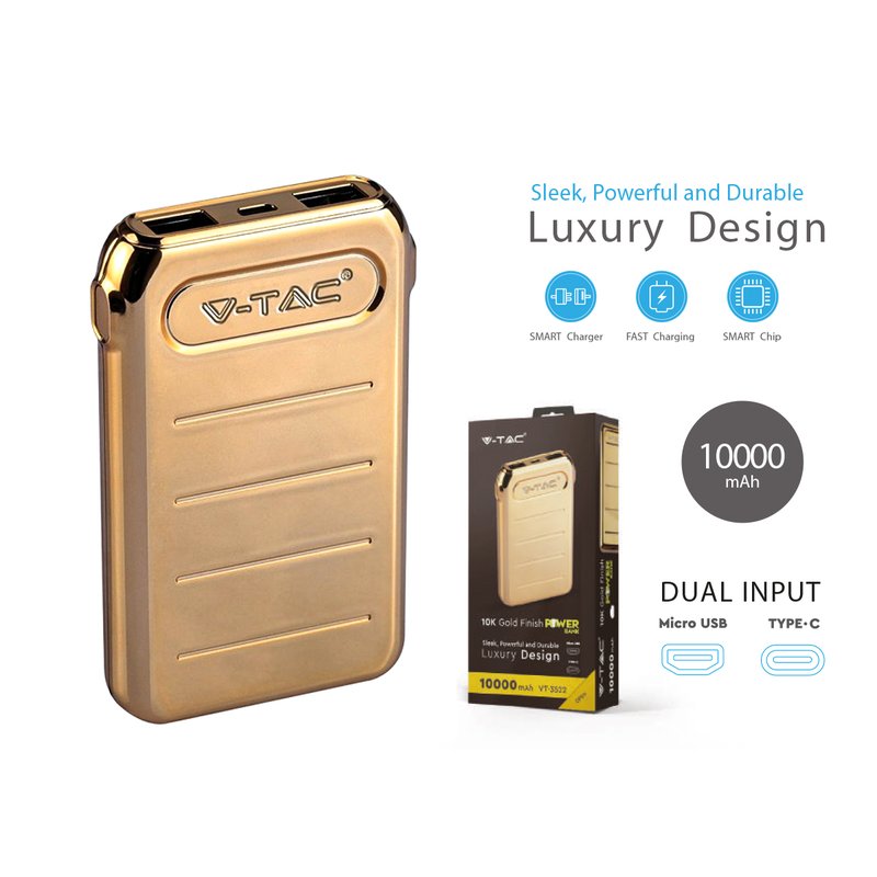 Portable Power Bank Gold 10000 Mah Dual USB Output e Input Micro USB e Tipo C SKU-8907