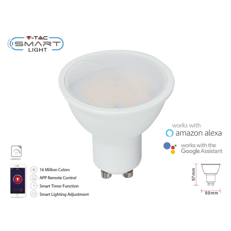 V-TAC Smart Lampada Faretto Led GU10 4,5W WiFi RGB CCT Dimmerabile APP Compatible Amazon Alexa Google Home SKU-2757