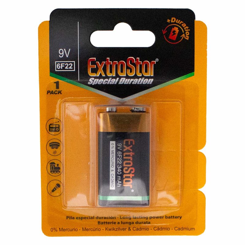 Pila Batteria 6F22 9V 340mAh MN1604 Super Alcalina Extrastar Confezione da 1 Pezzo