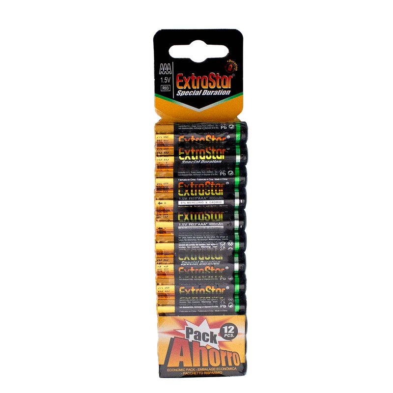 Pila Batteria R03 AAA Mini Stilo 1,5V 400mAh MN2400 Alcalina Extrastar Confezione da 12 Pezzi