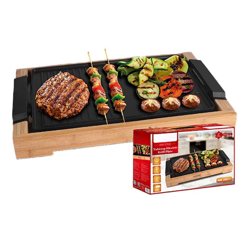 Piastra Grill Elettrica 2000W Rivestimento Antiaderente con Termostato Regolabile e Raccoglitore di Grasso Rimovibile 37.5x23cm Finitura Bambu