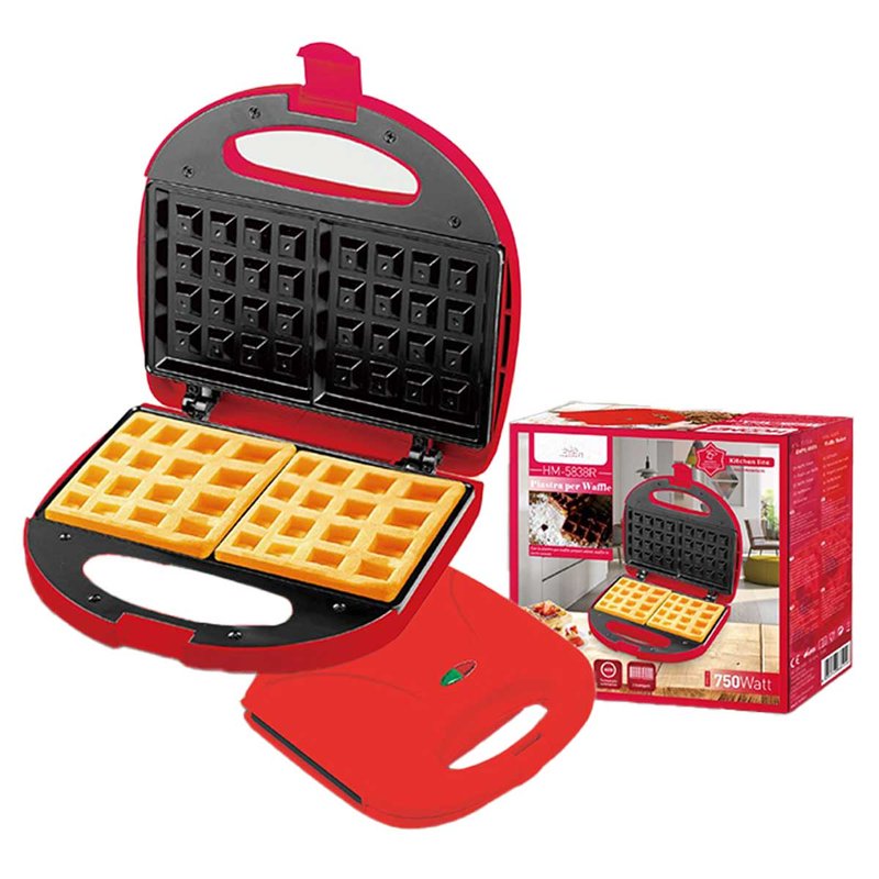 Piastra per Waffle Panini 750W Machina Elettrico Waffle a 2 Posti con Rivestimento Antiaderente Piastra Misura 22.6x12.6cm Rosso