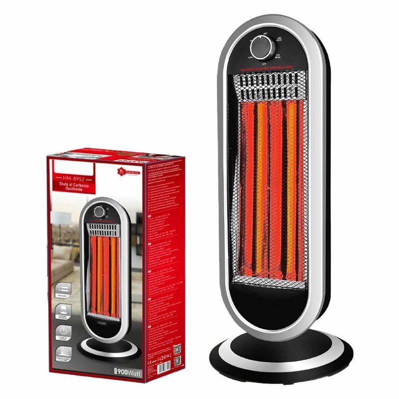 Stufa al Carbonio Oscillante 900W con Potenza Regolabile 2 Livelli con Griglia di Protezione in Metallo Oscillazione Automatico Nero Argento