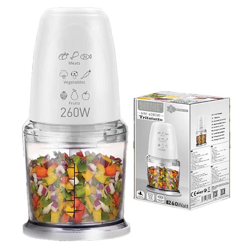 Tritatutto da Cucina Elettrico con Modalita Rapido 260W con Lama in Acciaio Inox Vassoio Capicita Max 500mL Bianco