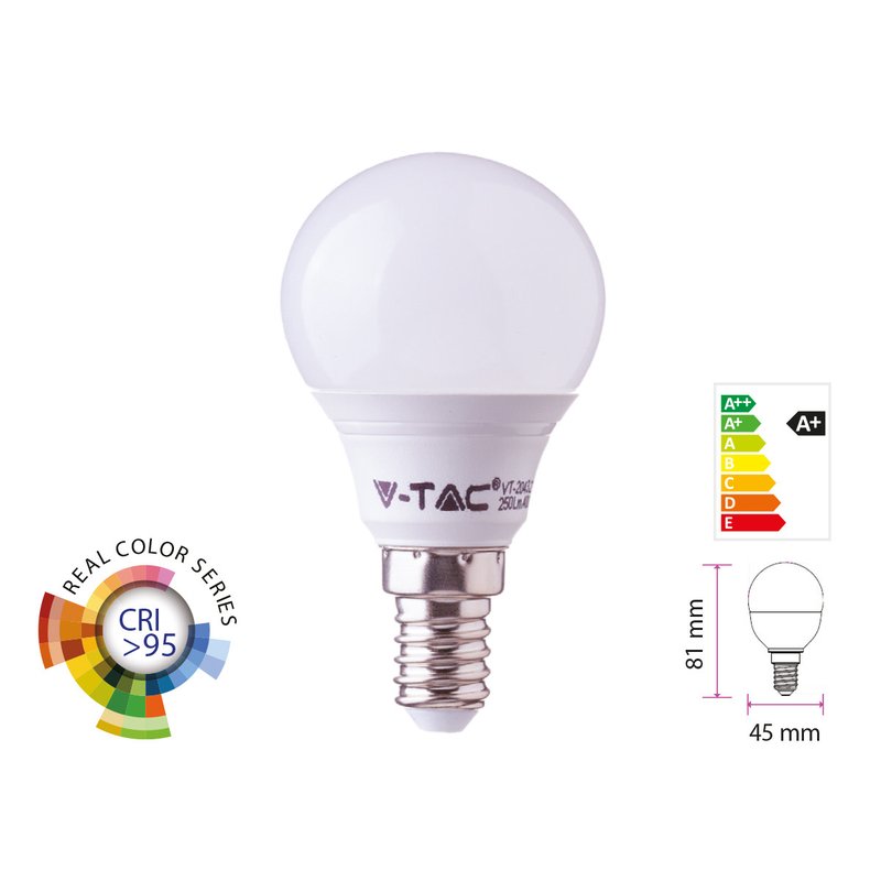 Lampada A Led E14 CRI 95 P45 5,5W 470LM Freddo 6400K Forma Sfera Bulbo Pallina SKU-7490