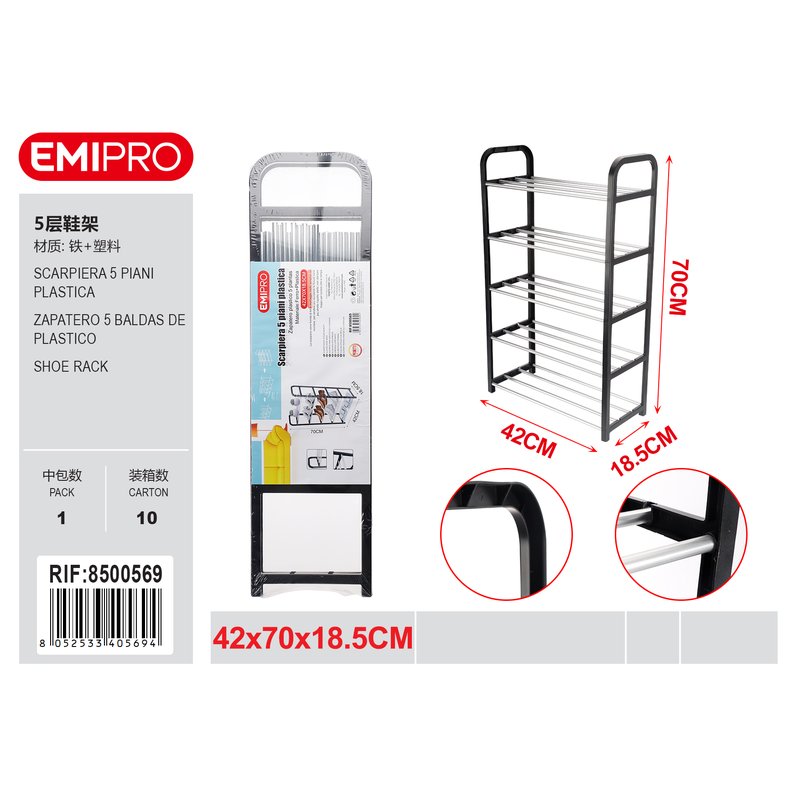 Scarpiera In Plastica 5 Ripiani 42X18,5X70cm Scaffali Portascarpe