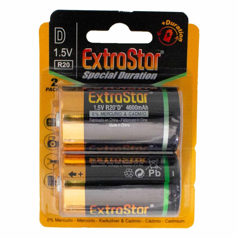 Pila Batteria R20 Torcia D MN1300 1,5V 4600mAh Alcalina Extrastar Confezione da 2 Pezzi