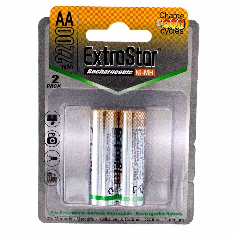 Pila Batteria AA Ricaricabile 1,5V 2200mAh Ni-MH MN1500 Extrastar Confezione da 2 Pezzi