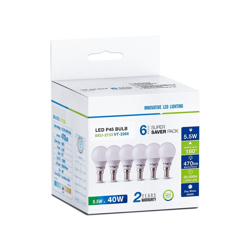 6 PZ Lampada A Led E14 P45 5,5W Bianco Neutro 4000K Forma Bulbo 180 Gradi 220V SKU-2734