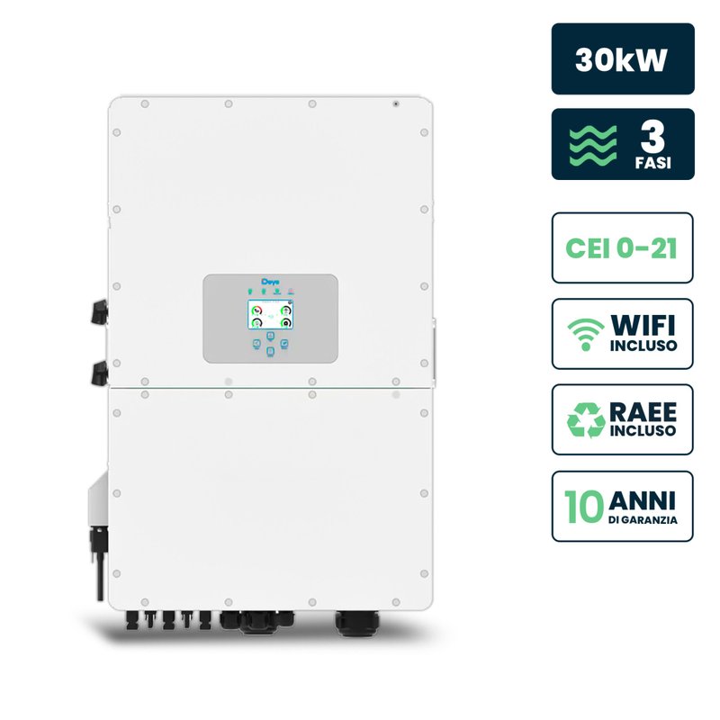 V-TAC Inverter Fotovoltaico Deye Trifase Ibrido ALTA TENSIONE On-Grid/Off-Grid 30kW CEI 0-21, Schermo LCD Touch a Colori, Smart Meter Integrato, WiFi e TA, Garanzia 10 Anni IP65