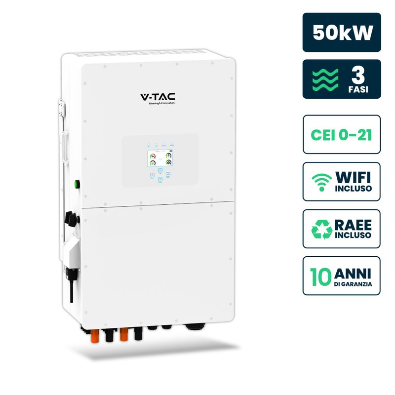 V-TAC Inverter Fotovoltaico Deye Trifase Ibrido ALTA TENSIONE On-Grid/Off-Grid 50kW CEI 0-21, Schermo LCD Touch a Colori, Smart Meter Integrato, WiFi e TA, Garanzia 10 Anni IP65 SKU-11861