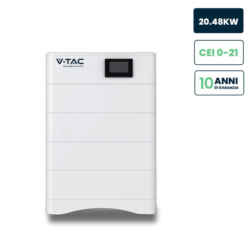 V-TAC Kit 4 Moduli di Accumulo Impilabili Alta Tensione 20kWh LiFePO4 BMS Integrato, Inclusa Base e Box di Controllo, 100Ah, 204.8V, IP65, CEI 0-21 Garanzia 10 Anni