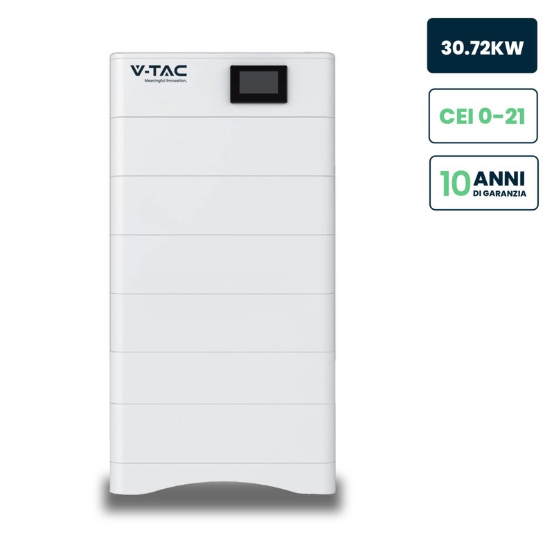 V-TAC Kit 6 Moduli di Accumulo Impilabili Alta Tensione 30kWh LiFePO4 BMS Integrato, Inclusa Base e Box di Controllo, 100Ah, 307.2V, IP65, CEI 0-21 Garanzia 10 Anni