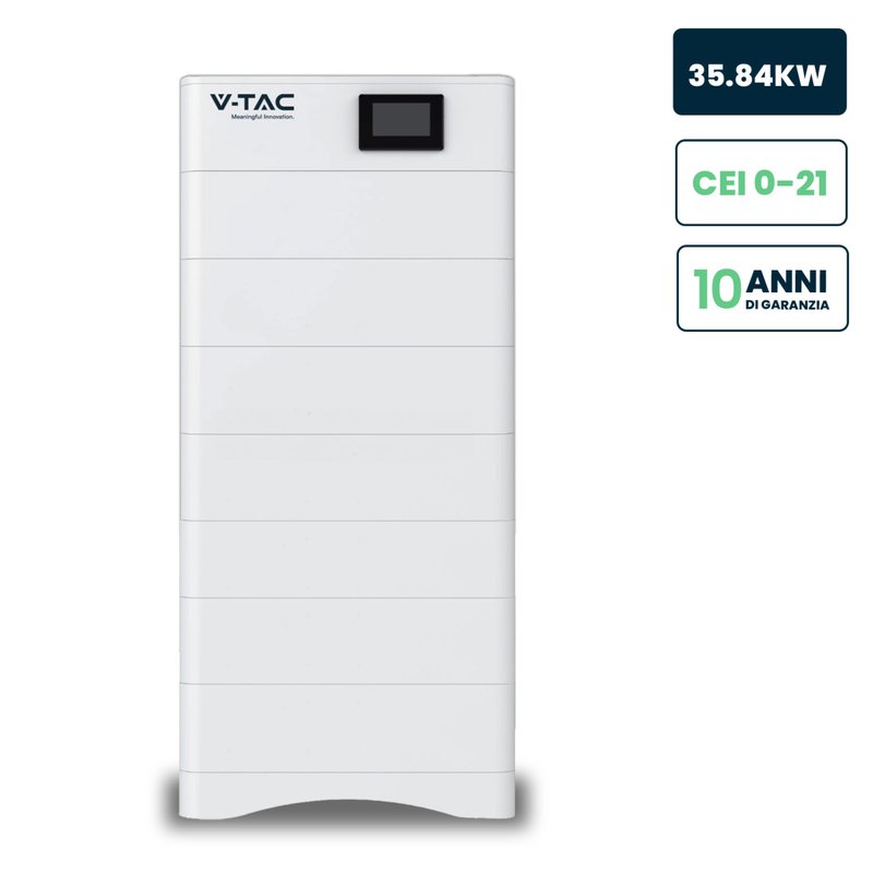 V-TAC Kit 7 Moduli di Accumulo Impilabili Alta Tensione 35kWh LiFePO4 BMS Integrato, Inclusa Base e Box di Controllo, 100Ah, 358.4V, IP65, CEI 0-21 Garanzia 10 Anni