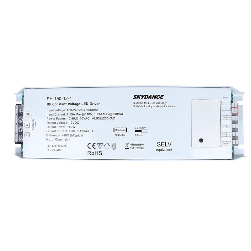 Alimentatore Dimmerabile CV 12V 150W 4 Canali Con Pulsante N.O. e Telecomando RF 2.4G Per Striscia Led PH-150-12-4