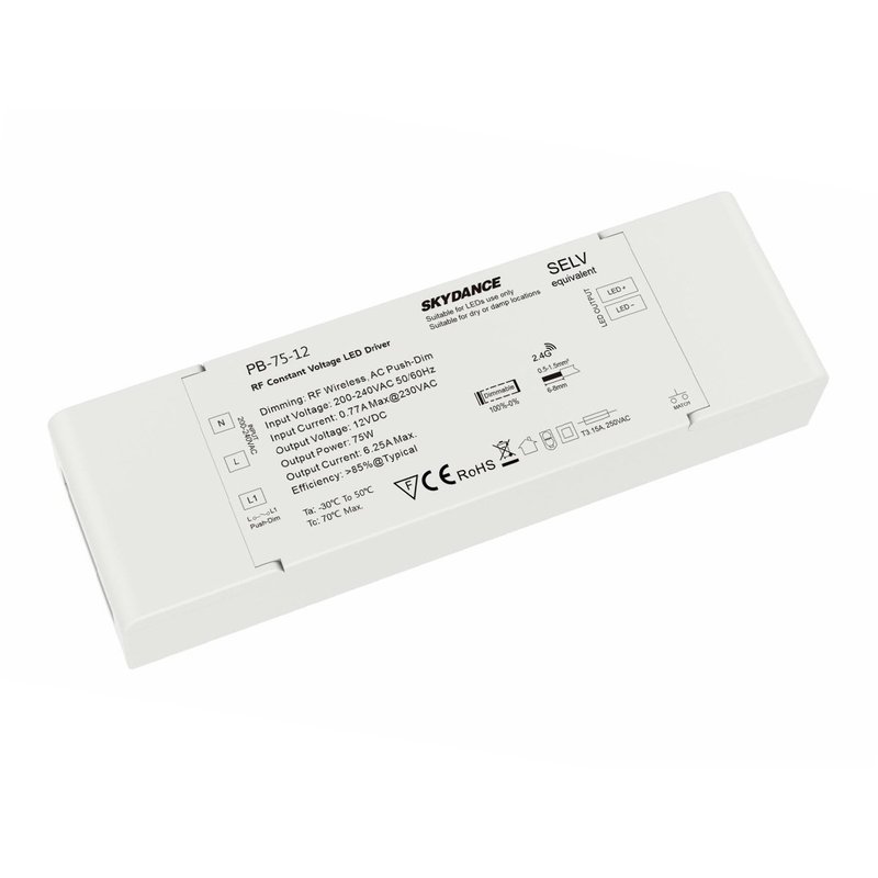 Alimentatore Dimmerabile CV 12V 75W Con Pulsante N.O. e Telecomando RF 2.4G Per Striscia Led 12V PB-75-12