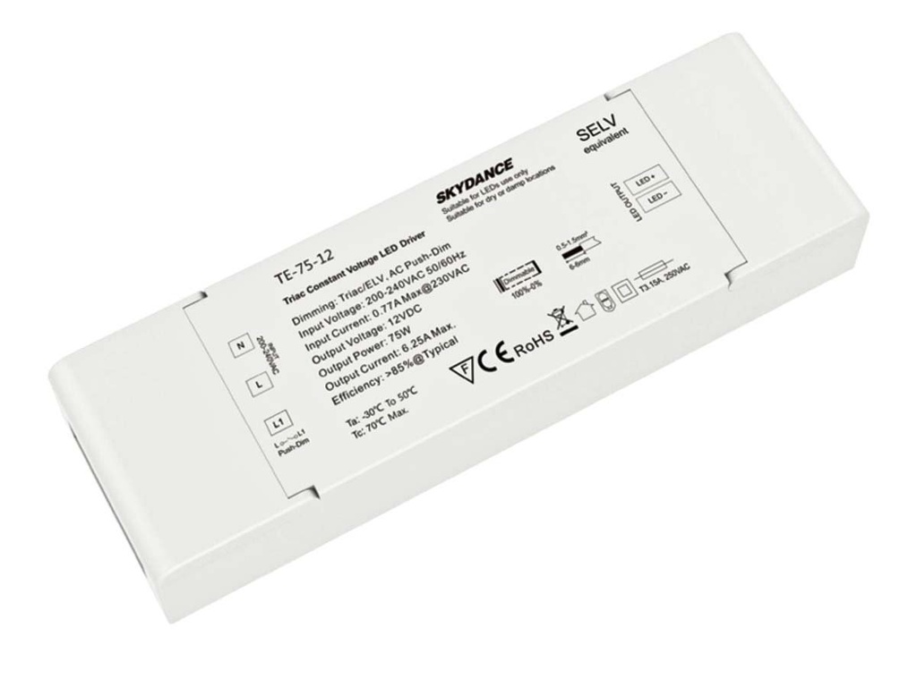 Alimentatore Dimmerabile CV 12V 75W Triac + Pulsante N.O. Varialuce Su 220V Per Striscia Led 12V TE-75-12