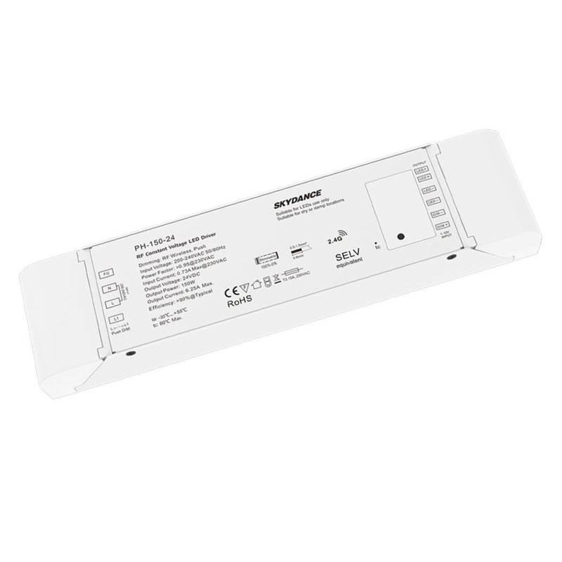 Alimentatore Dimmerabile CV 24V 150W Con Pulsante N.O. e Telecomando RF 2.4G Per Striscia Led 24V PH-150-24