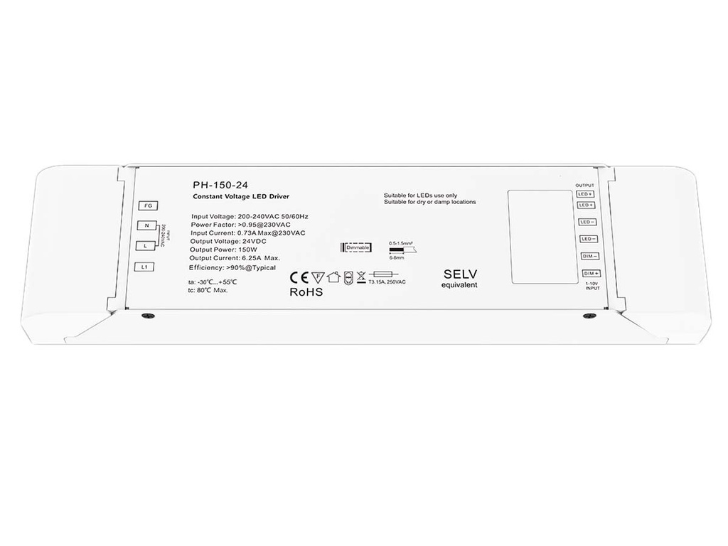 Alimentatore Dimmerabile CV 24V 150W Triac ELV Pulsante N.O. Varialuce Su 220V Per Striscia Led TE-150-24