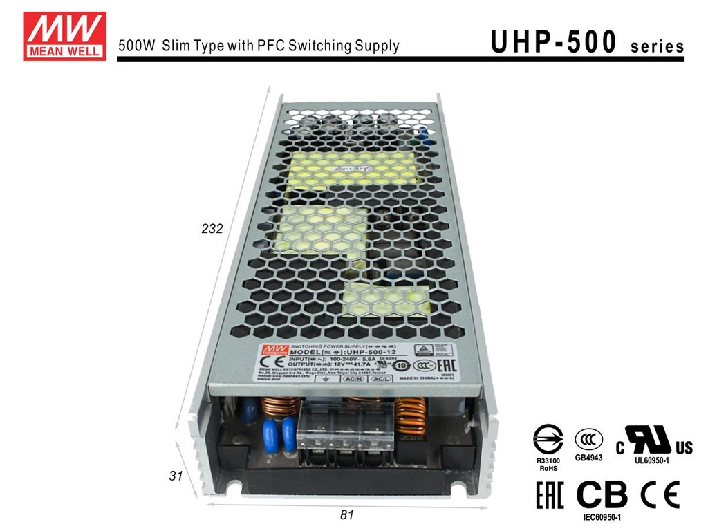 Alimentatore MeanWell CV 12V 500W 41,7A Senza Ventola UHP-500-12 Trasformatore Da AC 220V A DC 12V Per Luci Led Interno