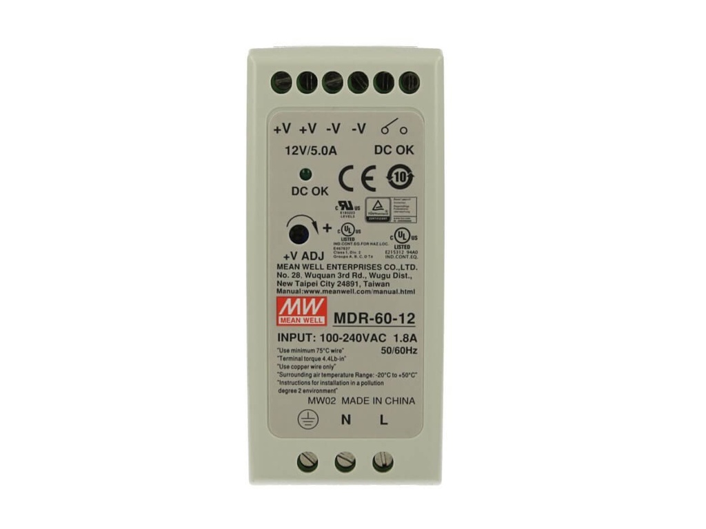 Alimentatore Rotaia Industriale MeanWell MDR-60-12 60W 12V 5A Barra Guida DIN Rail Single Power Supply Input 220V 110V