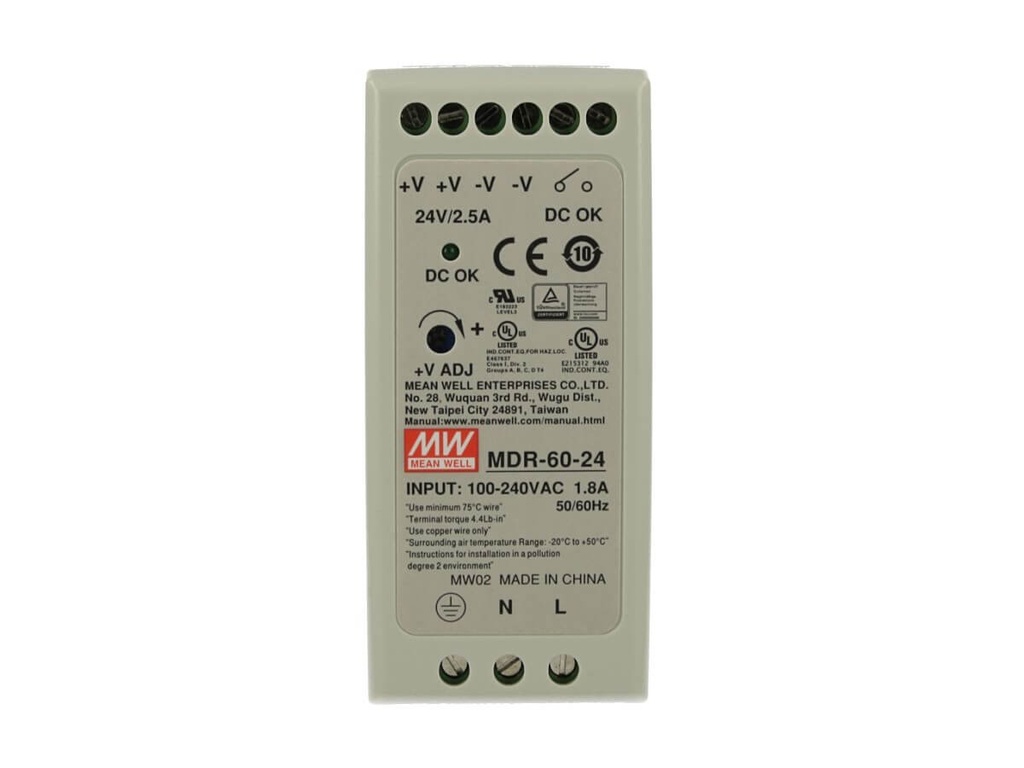 Alimentatore Rotaia Industriale MeanWell MDR-60-24 60W 24V 2,5A Barra Guida DIN Rail Single Power Supply Input 220V 110V